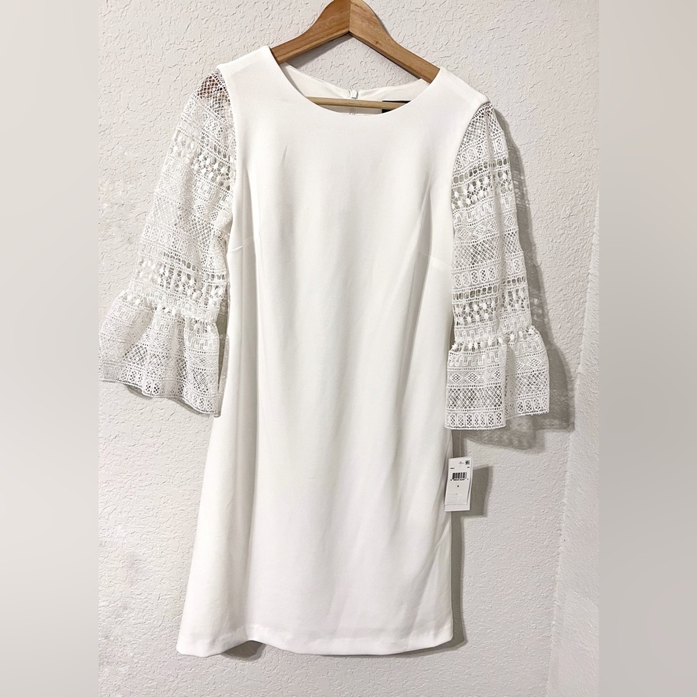 Donna Ricco White Embroidered Sleeve Shift Dress Size 8